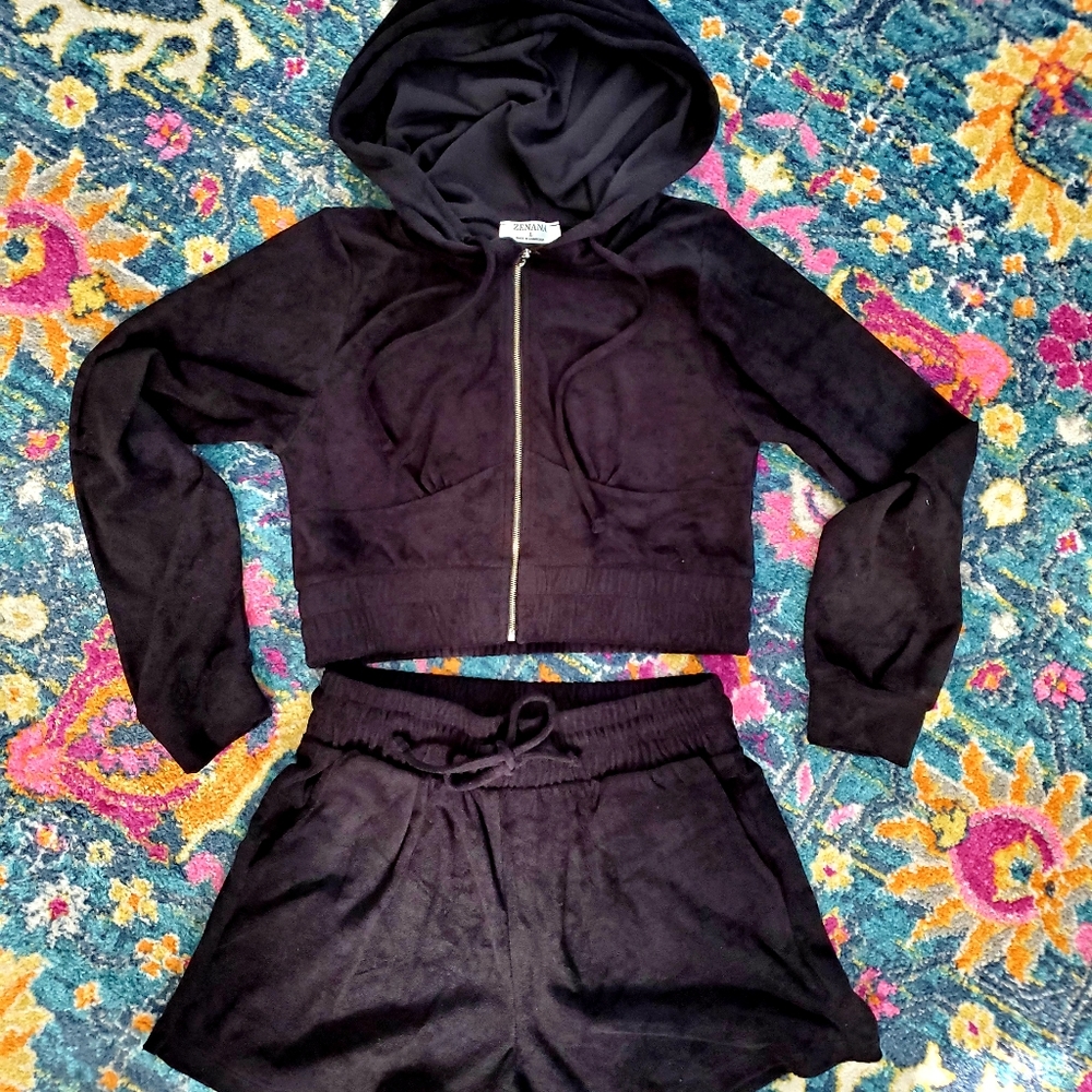 Black Crop top Terry Hoodie and Shorts